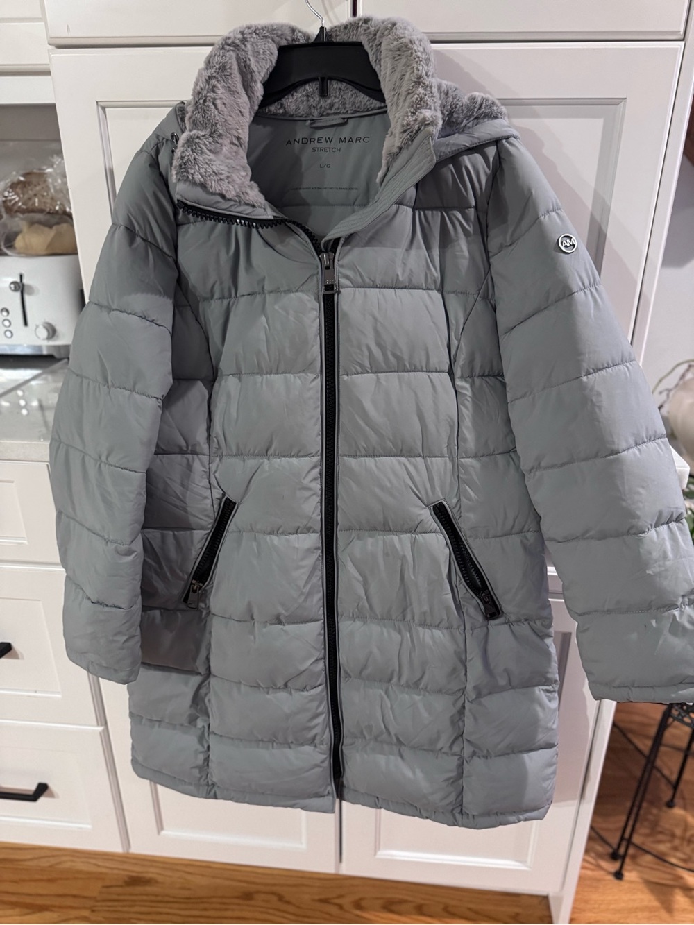 Andrew Marc Light Gray Quilted Hooded Puffer Coat with Faux Fur Trim